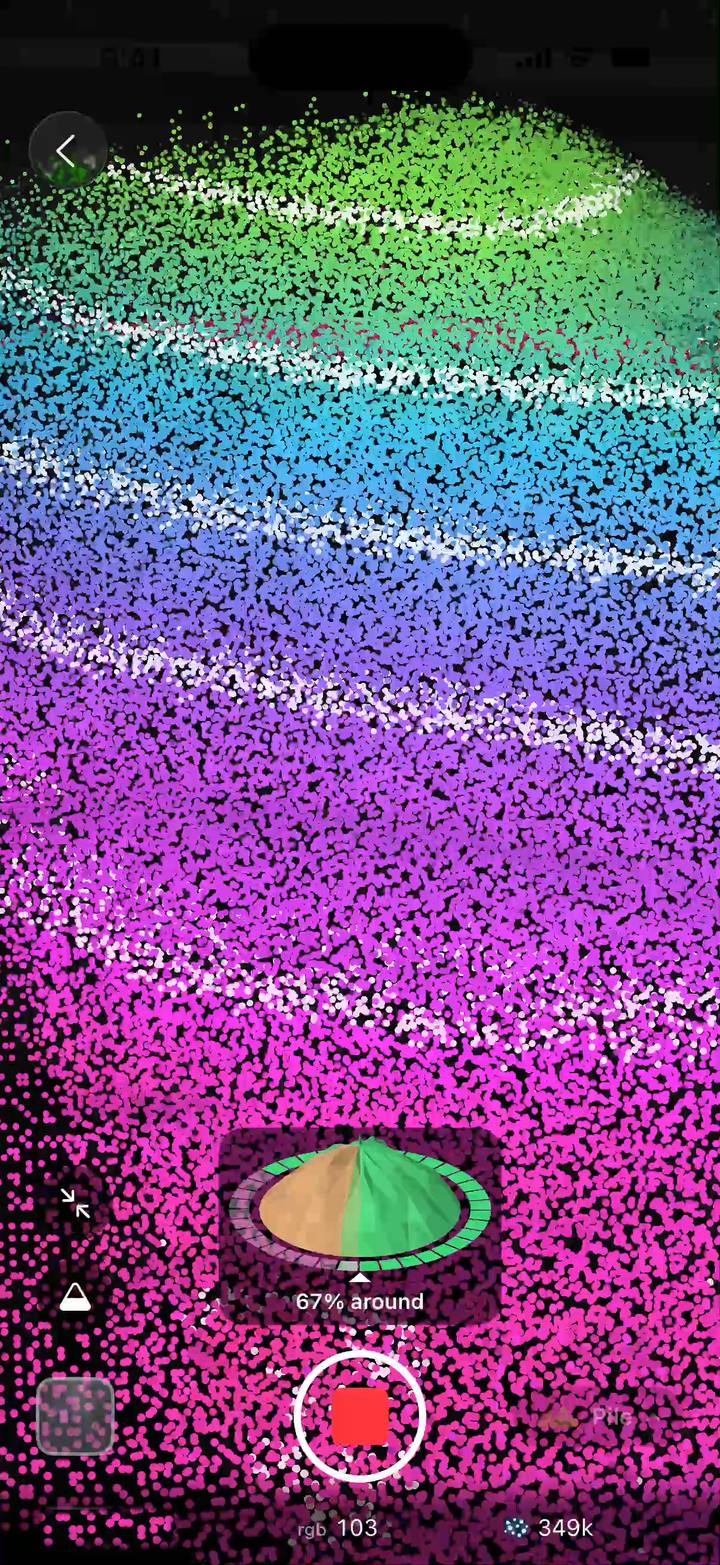 A live scan: the pile’s points colored by height, with a small guide showing the walk is 67% of the way around.