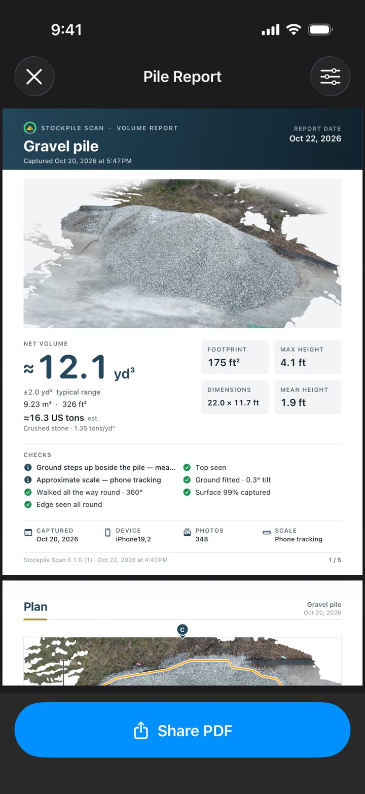 The first page of the PDF report: a picture of the pile, its net volume of about 12.1 cubic yards, its dimensions and the checks.