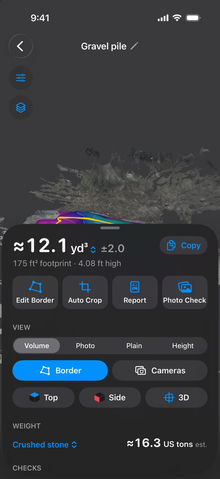 The pile sheet: about 12.1 cubic yards plus or minus 2.0, a 175 square foot footprint, 4.08 feet high, and a crushed stone weight estimate of about 16.3 US tons.